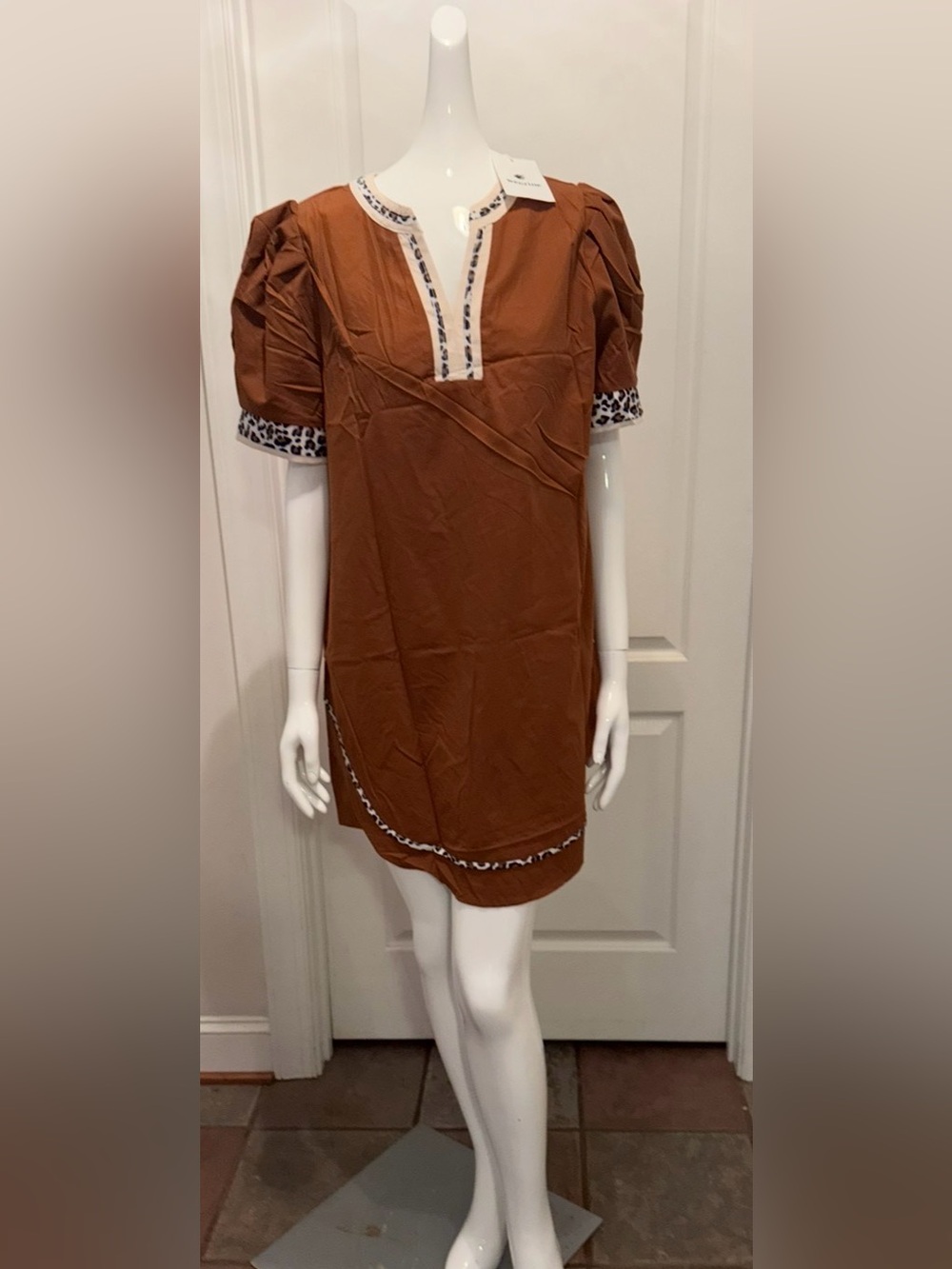 New Wenrine Rust Brown Mini Dress with Leopard-Trim Detailing-Large